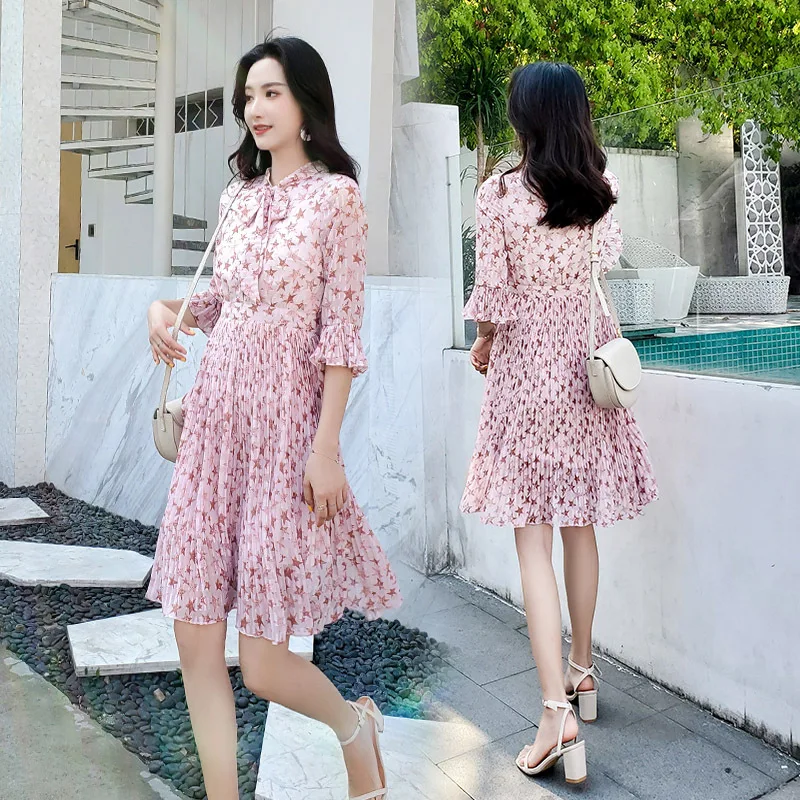 

2019 New Style Summer V-neck Floral Print Bell Sleeve Chiffon Dress Immortal Sweet Waist Hugging Flounced Mid-length Skirt