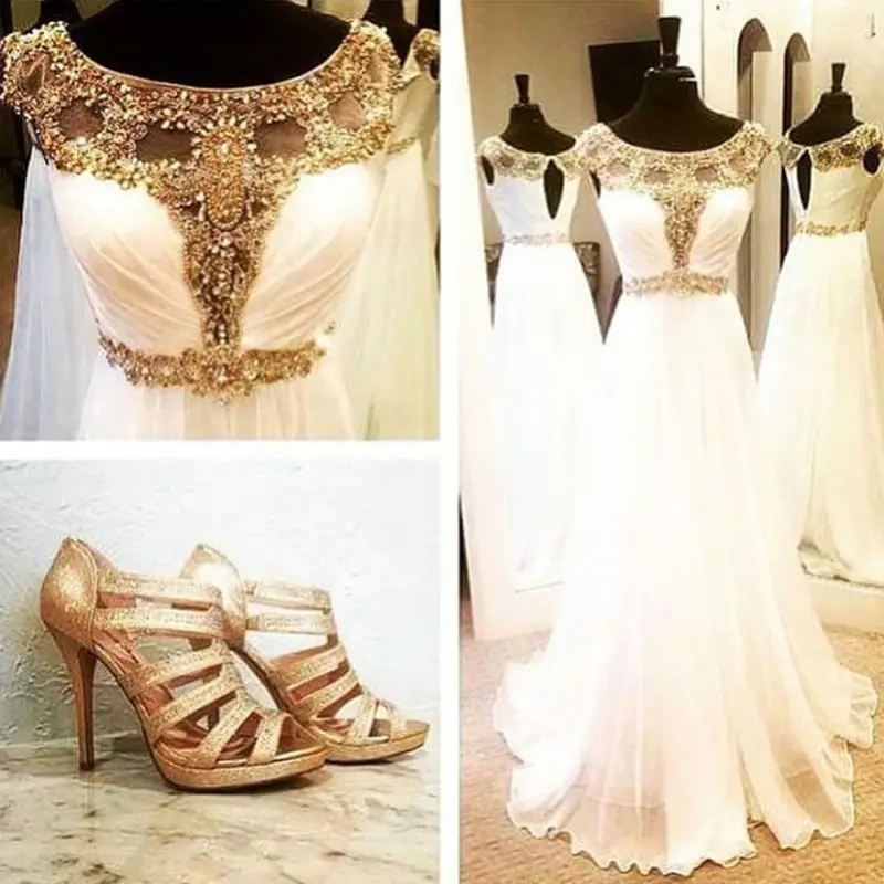 Vestido de noiva белые шифоновые длинные с бусинами Реальные образцы кепки рукава выпускного вечера женские вечерние платье подружки невесты - Цвет: same as picture