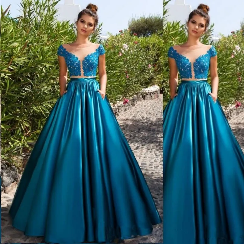 Сексуальное синее платье для выпускного вечера es vestidos de gala вырез лодочка, аппликация с коротким рукавом Иллюзия молния длинное вечернее платье для выпускного вечера