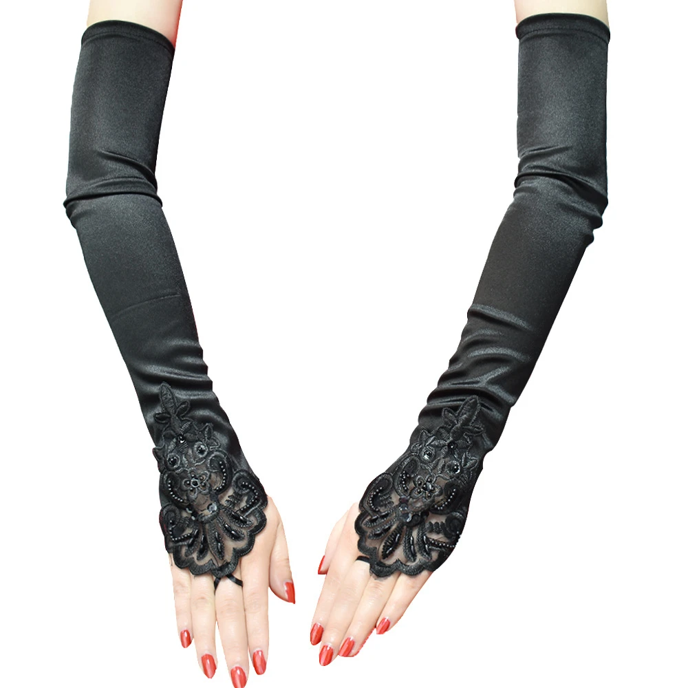 15/" Black Fingerless Elbow Length Stretch Satin Halloween Party Costume Gloves