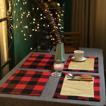 

4PCS Christmas Placemats Plaid Table Mats Buffalo Check Cotton Red Black Kitchen Decorations for Fall Holiday Dining Table