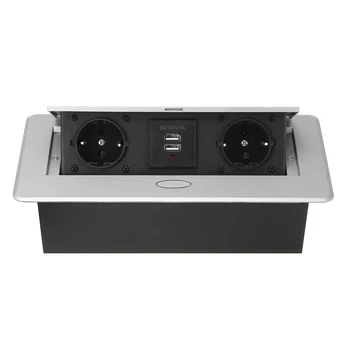 

16A Silver Aluminum Alloy Slow UP 2 Power EU Socket Dual USB Charge Port 2.1A Office Table Desktop Outlet Black Steel Box