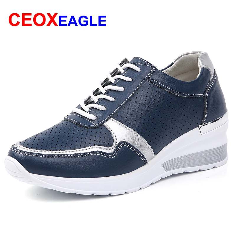 Zapatillas De deporte De piel auténtica para Mujer, Zapatos De cuña azul marino, elegantes, cómodos, con suela plataforma que la altura|Zapatos planos de mujer| - AliExpress