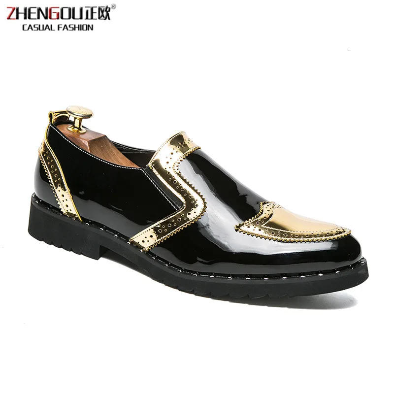 

zhengou Gold/silver Color Texture Brogue Men Dress Oxfords Pu Leather Shoes Slip-on Platform Bullock Business Men's