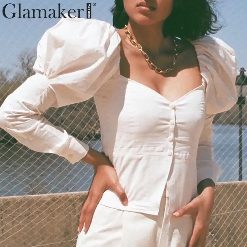 Glamaker, винтажная Женская белая блузка с v-образным вырезом, на пуговицах, с длинным рукавом-фонариком, элегантная женская блузка на осень и зиму, вечерние, Клубные, сексуальные блузки