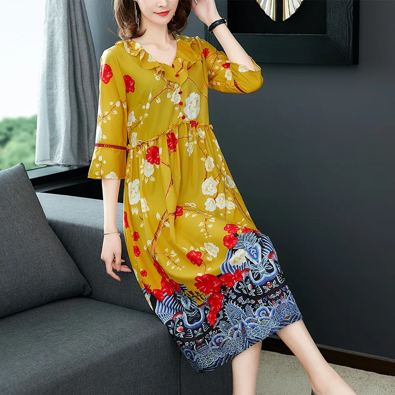

Dress Women's Printed Loose-Fit Slimming 2019 Spring Clothing New Style V-neck Frilled
