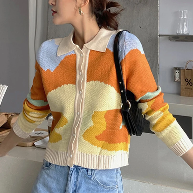 Las mujeres chaqueta de suéter Vintage cárdigan elegante mujer Top corto Casual con cuello en V de manga larga Jersey punto abrigo de Polo de las mujeres