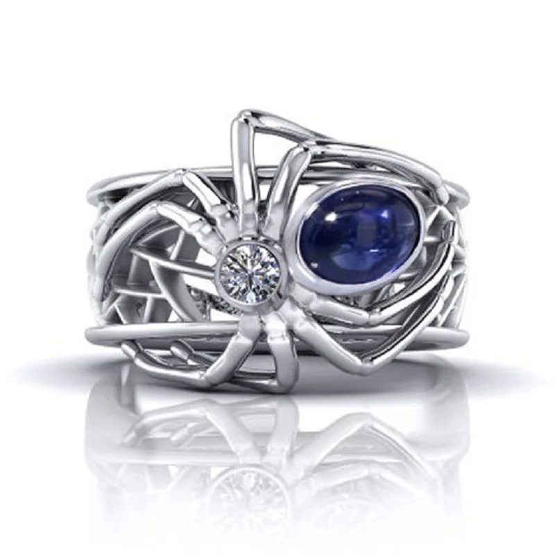 

Personality Hollow Spider Blue Crystal Rings for Motorcycle Party Gothic Style Punk Silver Rings for Women Jewelry