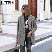 LTPH – blazer vintage à carreaux pour femme, double boutonnage, mi long, en laine, tweed, style business décontracté, costume, manteau, nouvelle collection automne 2021 