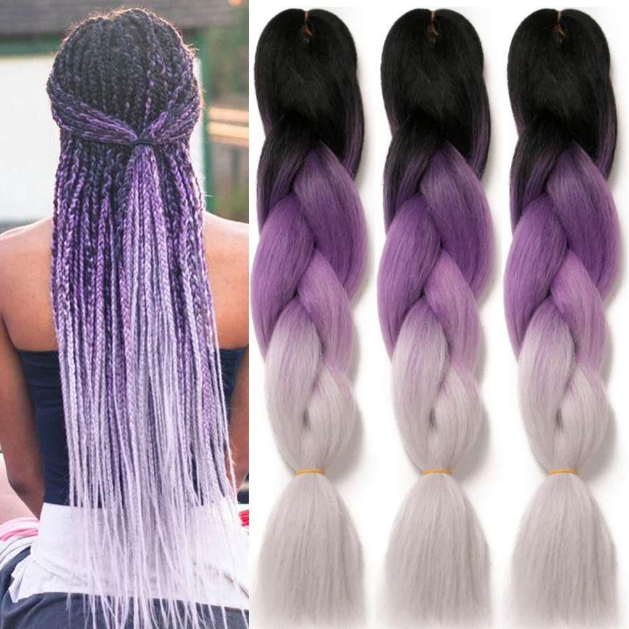 

Ombre Synthetic Braiding Hair Extensions For Crochet Braids 24'' 100g Jumbo Braids Two Tone Ombre Color Pink Black grey