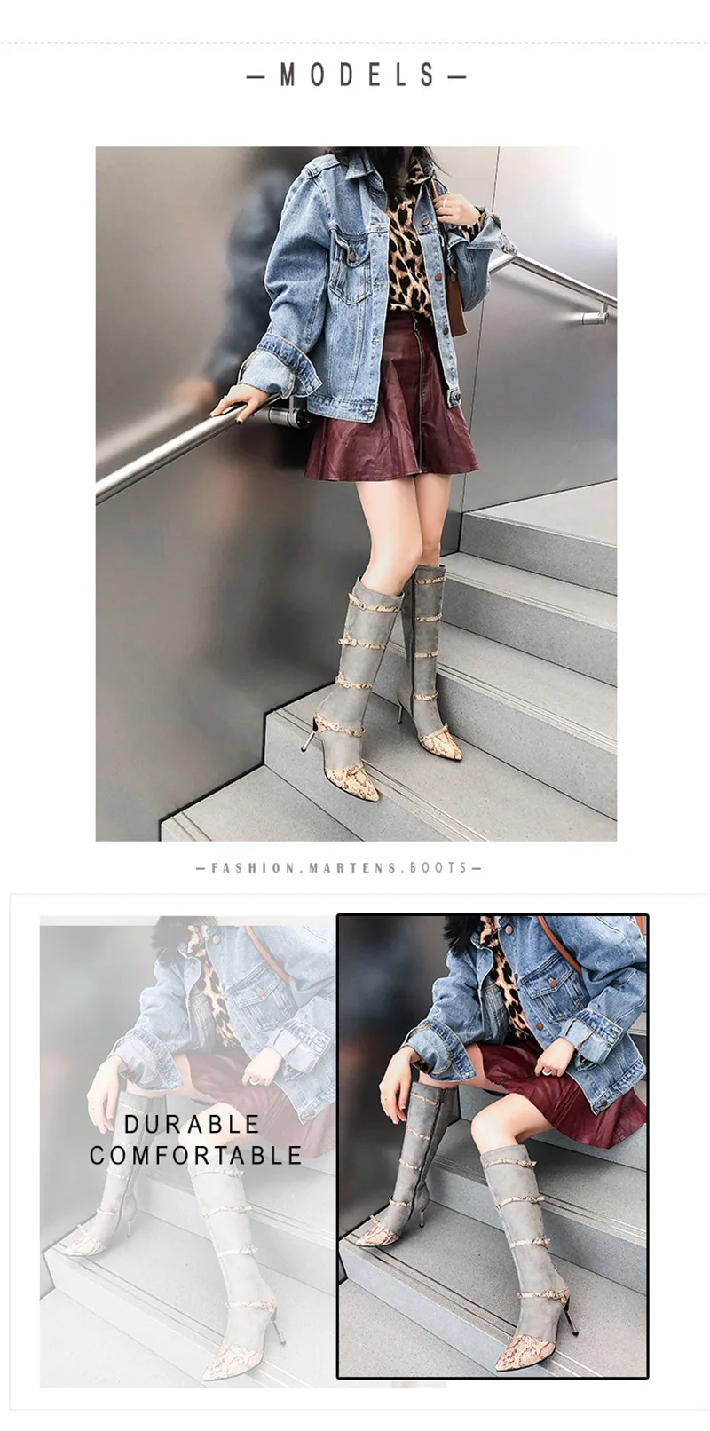 European and American style wind pointed fine with color side zipper high boots female snake pattern sexy women's boots