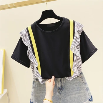 

Stripes Joint Contrast Color Flounced Short Sleeve T-shirt Women's 2020 Summer Wear Korean-style Loose T-shirts Fashion T Shirt