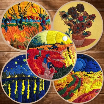 

Hot DIY Handmade Full Range Of Embroidery Starter Kit With Pattern Van Gogh series Embroidery Cross Stitch Kit Sewing Wall Decor