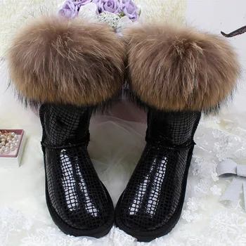 

Women Winter Fur Boots Natural Fox Fur Snow Boots Waterproof Middle Calf Boots Genuine Leather Women Winter Shoes