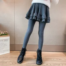

Children Skirt-Pants Black Gray Winter Thicken Plus Fleece Ruffle Girl Culottes Leggings False Two Pieces Casual Warm Kids Pants