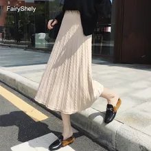 FairyShely, трикотажная плиссированная Длинная женская юбка, Осень-зима, эластичная лента, высокая талия, Теплая юбка, ребристая, черная, макси, офисная юбка