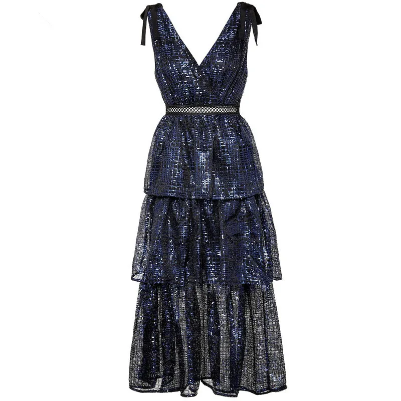 Летнее Новое поступление темно-синее sequind длинное платье для вечеринки женское элегантное платье макси с глубоким v-образным вырезом высокое качество