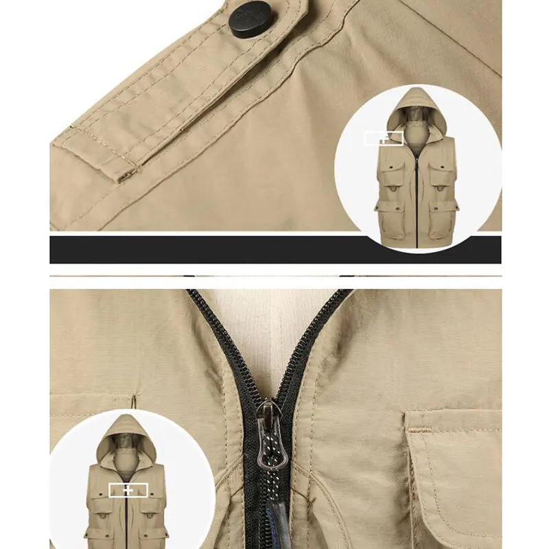 Quick-dry Hooded Fishing Photography Vest Men Removable Back V-neck Multi-bag Waistcoat Mountaineering Drifting Reporter Jackets