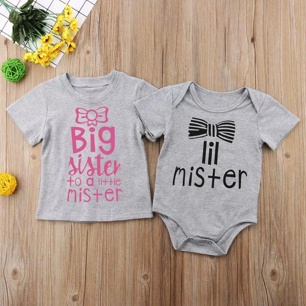 Big Sister Shirt and Little Brother Bodysuit Sibling Matching Outfits Big Sister Lil Mister Girl Tees Newborn Romper Clothes 2
