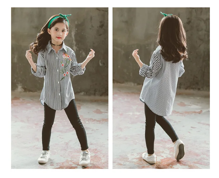 Girls Autumn Clothing New Style Flower Embroidered Striped Shirt Joint Long Sleeve Korean-style Fold-down Collar Long-sleev