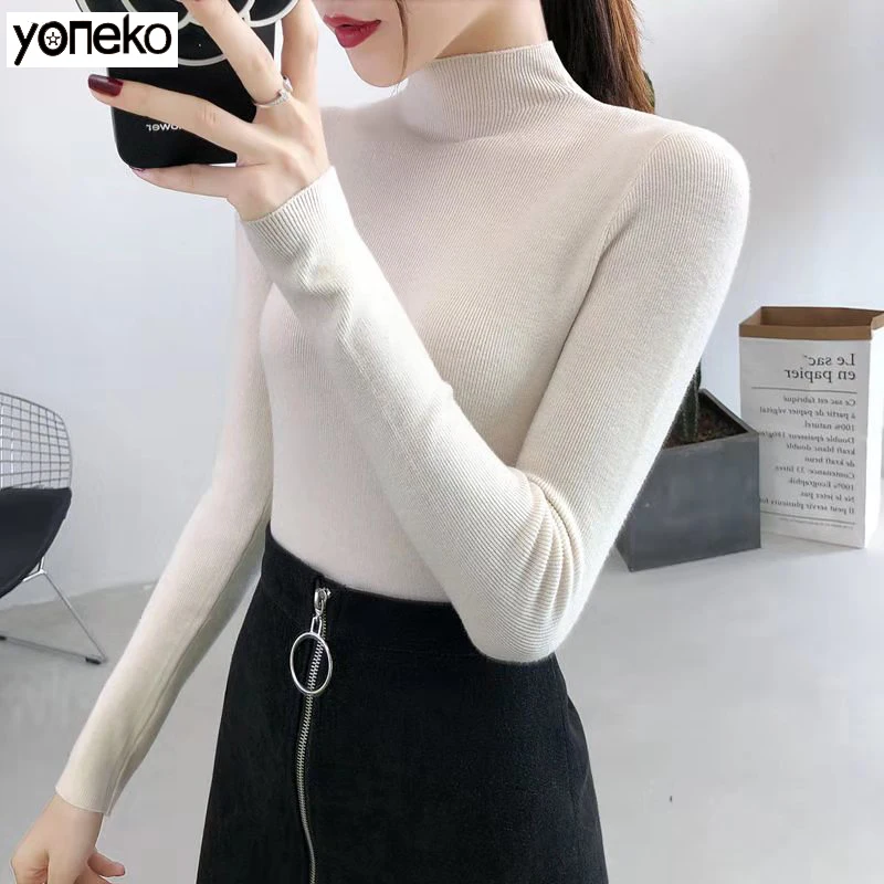 

YONEKO Long Warm Sweaters Women Turtleneck Handmade Wool Pullovers Winter Causal Short Solid Fashion Simple High Collar Jumper