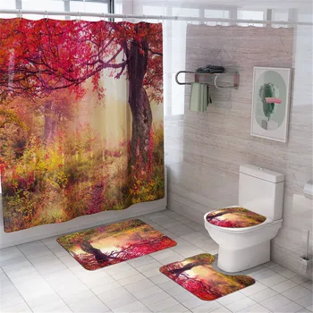 

4PCS Forest Tree Shower Curtains Bathroom Curtain with Mat Set Nature Scenic Waterproof Fabric for Bathtub Decor