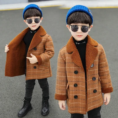 Boys Velvet Woolen Jacket Outerwear Autumn Winter New Children's Woollen Overcoat Little Kids Thick Medium-Long Trench Coat B327