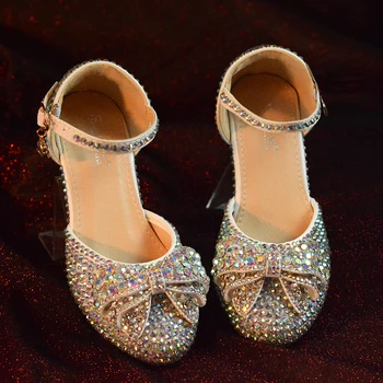 

New Girls' Summer High Heels Sandals sequins flash drill children's shoes girls' Bow Shoes girls' Party children's wedding shoes