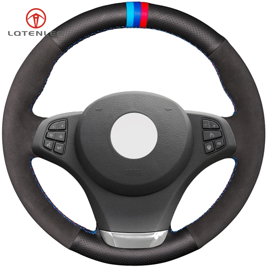 Lqtenleo Black Genuine Leather Suede Diy Handstitched Car Steering