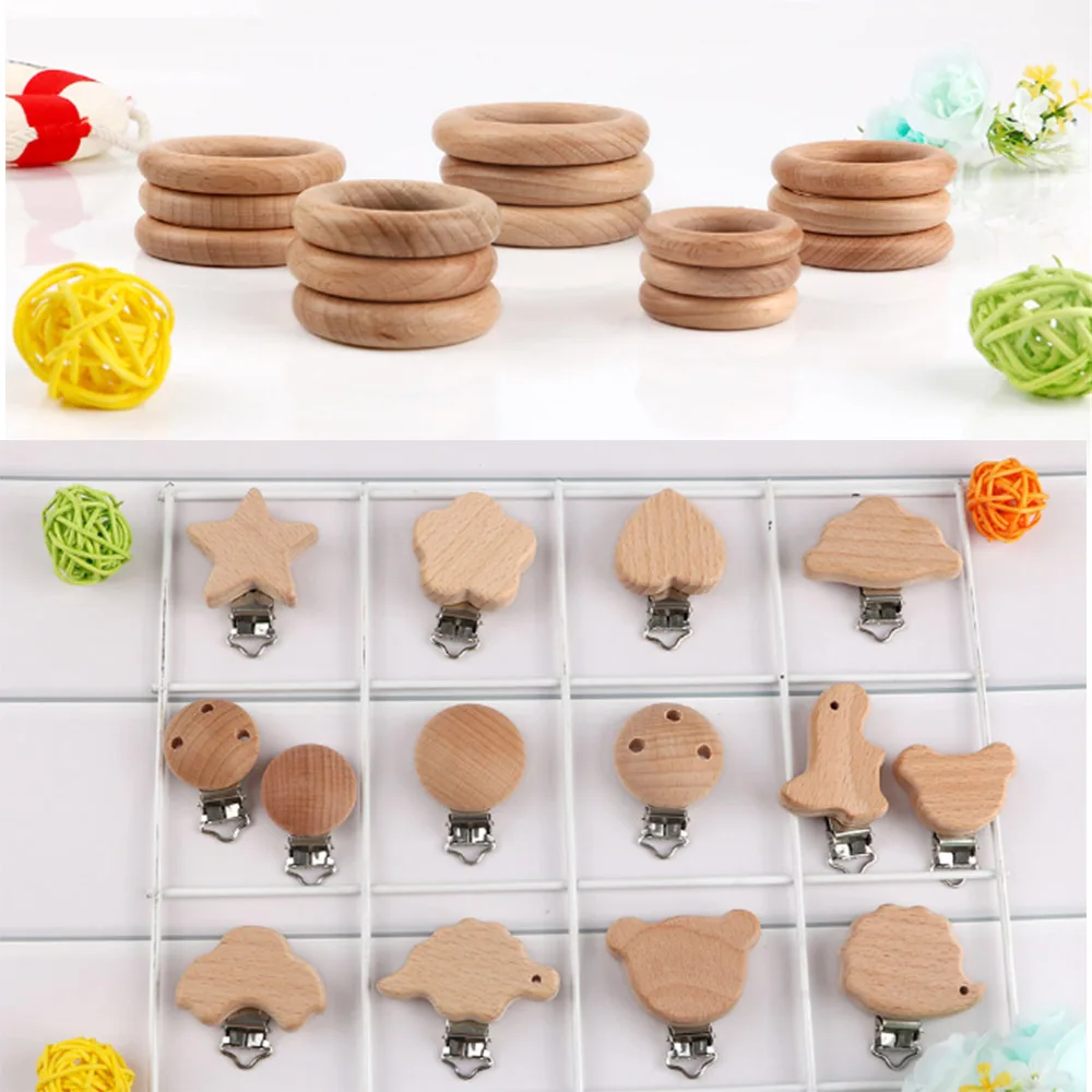 

Kovict 5Pcs Beech Cartoon Clip Wooden Ring For Jewelry Making DIY Baby Pacifier Chain Wooden Crafts Gift Toy Accessories