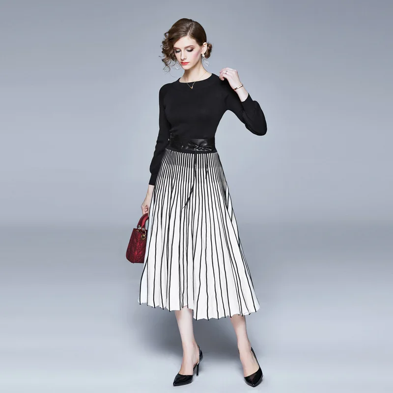 

Autumn And Winter New Style Pleated Skirt-Style High-waisted Slimming Elegant Knitted Joint Lantern Sleeve Mid-length Base Dress