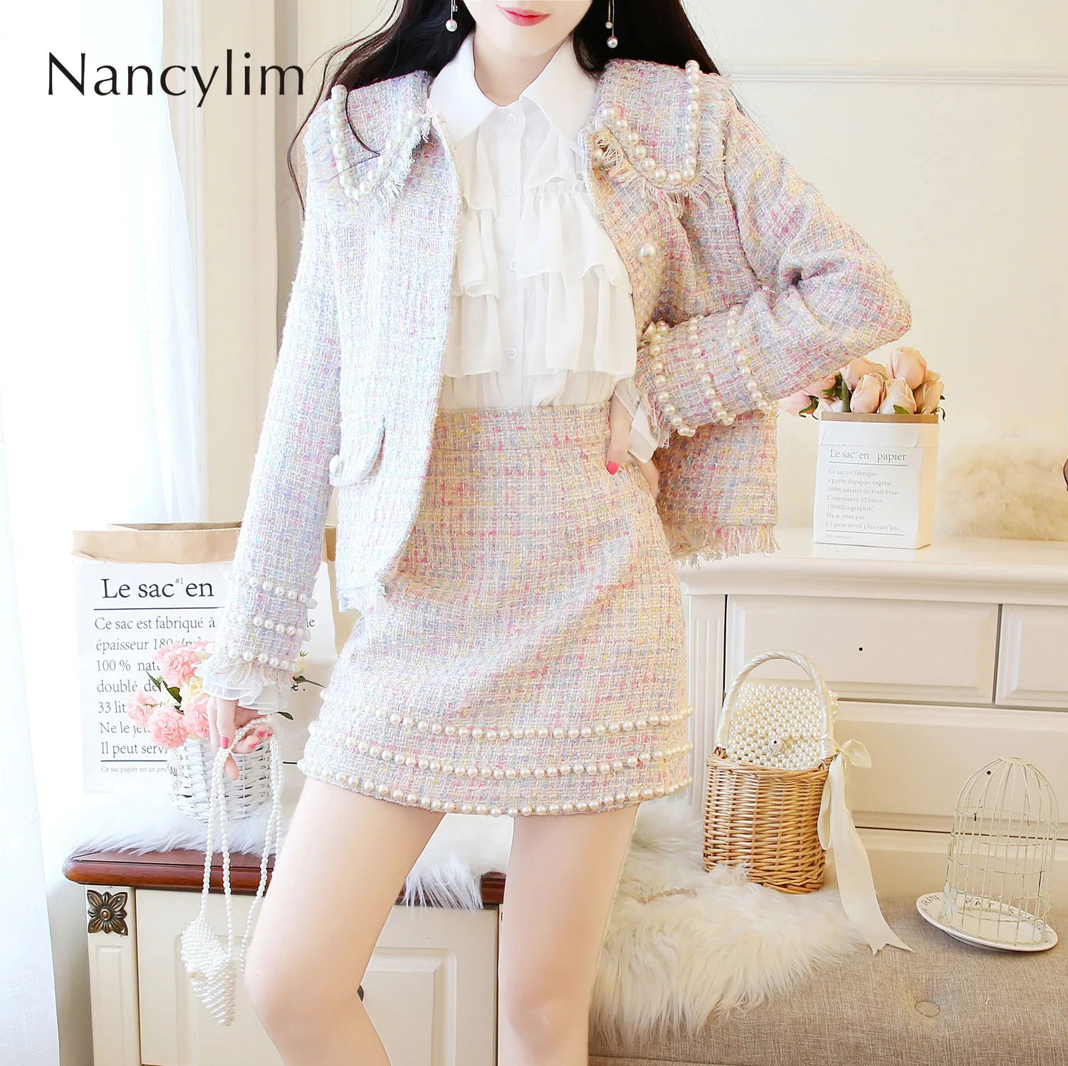 

Pink Tweed Womens Sets Two Piece Set Autumn and Winter Outfit Ladies Small Fragrance Tweed Beaded Long Sleeve Short Coat + Skirt