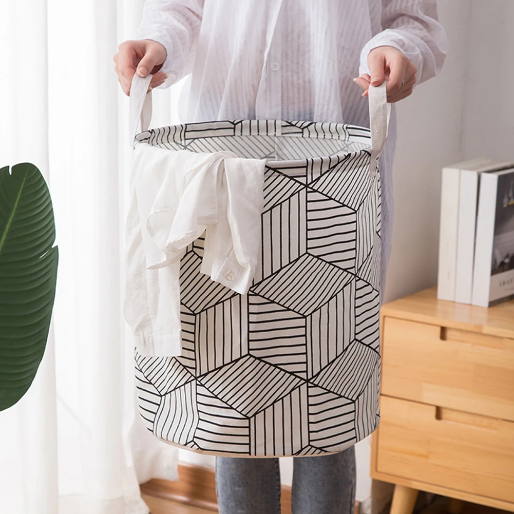 Round Foldable Large Laundry Basket With Handles Grid Stripe Print Durable Linen Cotton Dirty Clothes Holder Storage Organizer