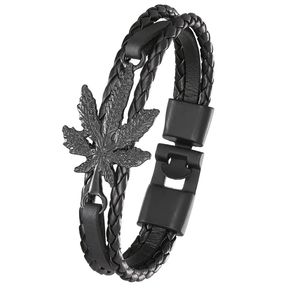 Стильный винтажный кожаный браслет мужской с Кленовым листом многослойный