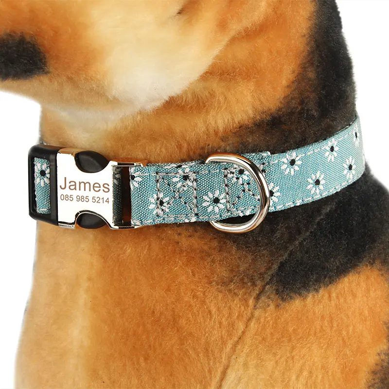 Engrave Pet Collar Customize Name Dog Collar Custom ID Pink Flower Cat Collar Engraved for Big Small Dogs