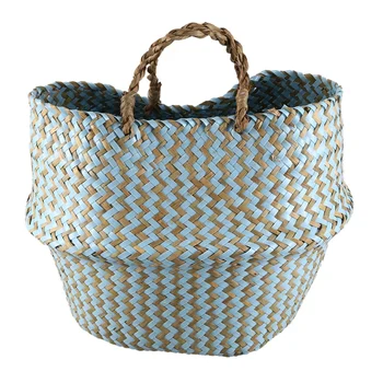 

Foldable Handmade Seagrass Storage Basket Wicker Rattan Belly Straw Garden Flower Pot Wave Pattern Planter Clothes Basket Blue