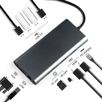 

VKTECH 11 in 1 Type C Hub Portable USB C to 2xHDMI+VGA+4xUSB3.0+RJ45+PD+TF Cards Reader Adapter Hub for Laptop Computer New