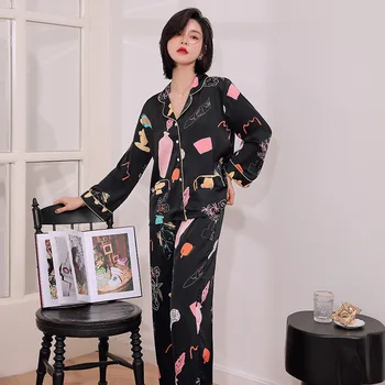 

Sleepwear Lady 2PCS Pajamas Suit Print Satin Sleep Set Shirt&Pants Casual Nightwear Silky Intimate Lingerie Black Homewear