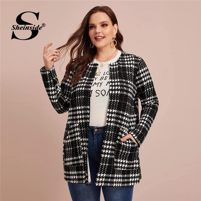 

Sheinside Plus Size Elegant Plaid Print Jacket Women 2020 Spring Houndstooth Front Open Outerwear Ladies Casual Jackets