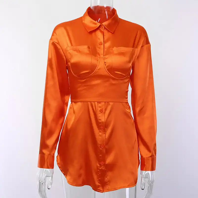 orange satin shirt dress