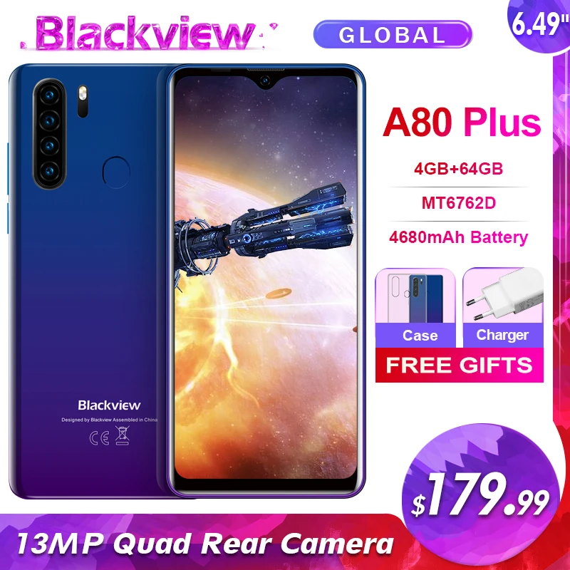 Смартфон Blackview A80 Plus экран 6 49 дюйма 4 Гб + 64 ГБ Восьмиядерный MT6762D на базе Android 10 0