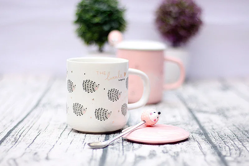 Милая керамическая кружка Ежик с Ложка Крышка, рождественский подарок, новинка, Молочный Сок лимонная кружка кофейная чайная чашка посуда для питья