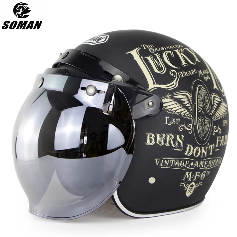 Lucky 13 Retro Casque Vintage Capacete De Moto Electric Motorcycle Chopper Helmet Moto DOT Motor Kask Silver Visor Motorad Helm