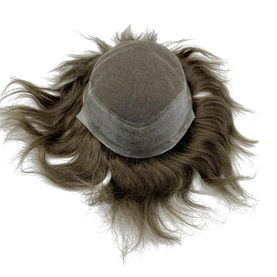 남성용 Toupee 미들 스위스 레이스 가발, 실제 자연모, 인도 인모, Toupee 교체 시스템, 가발 보형물