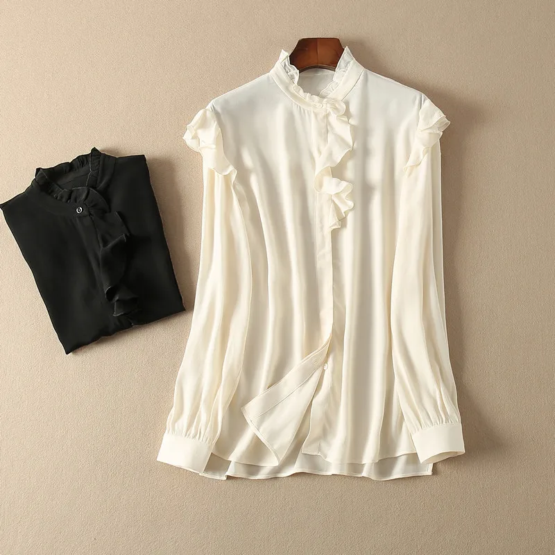 Женская блузка с оборками, Женская однотонная черная белая рубашка, вискозные топы с длинными рукавами - Цвет: White