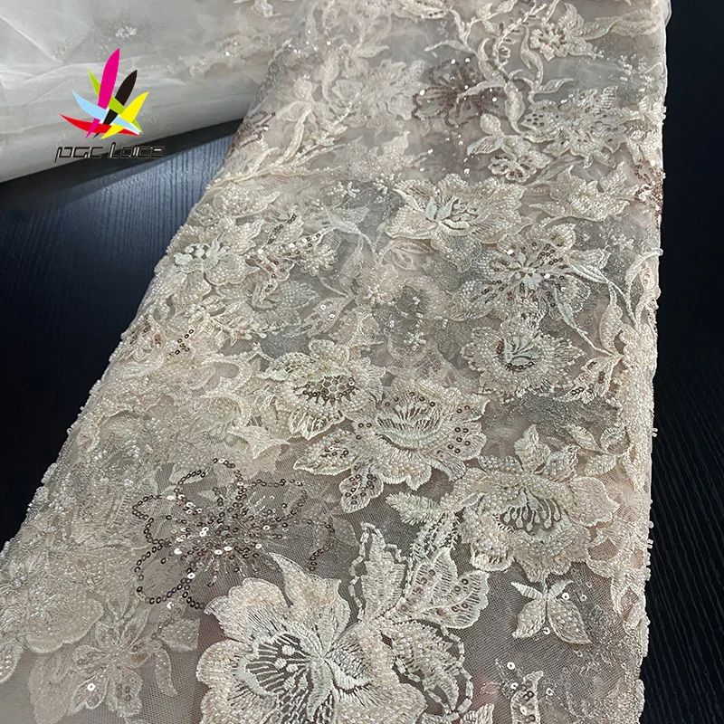 US $125.06 High Quality 2020 Tulle sequins handmade Beaded French Nigerian Lace Fabrics Pearls Embroidered Guipure African 3d Lace Fabric