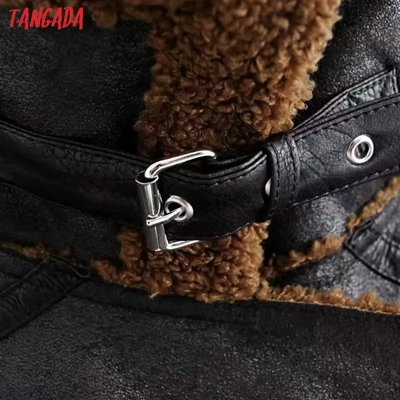 Najtaniej Tangada damskie zimowe futro faux skórzana kurtka płaszcz z paskiem retro skręcić w dół kołnierz panie 2019 gruby ciepły szeroki płaszcz JA08