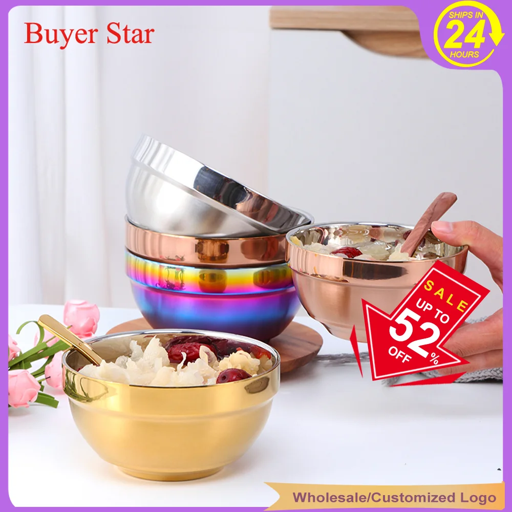 

1/4PCS Gold Bowls Stainless Steel Soup Bowl Double Layer посуда Metal Tableware Noodles Bowl чаши Rice Bowls Kitchen Utensils