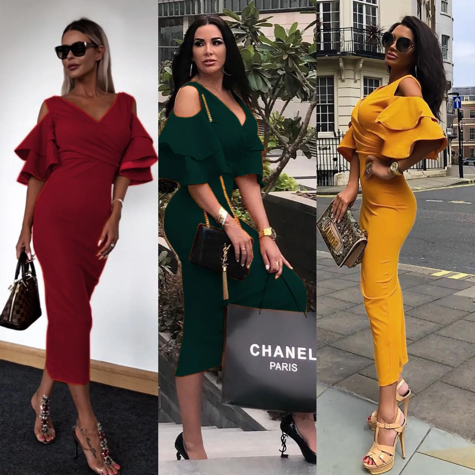 

BacklakeGirls Solid Color V Neck Jersey Cocktail Dresses Half Rullfes Sleeves Zipper Back Tea Length Women Cocktail Party Dress
