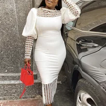 

Elegant White Dress Vintage Lantern Long Sleeve Vestido Sexy Mesh Patchwork Women Plus Size Office Evening Party Maxi Dress Long